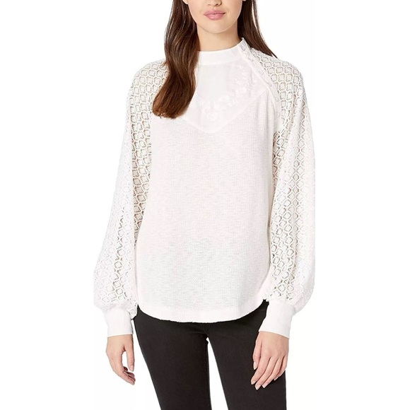 Free People Sweetest Thing White Embroidered Lace Long Sleeve Thermal Top - Picture 1 of 7
